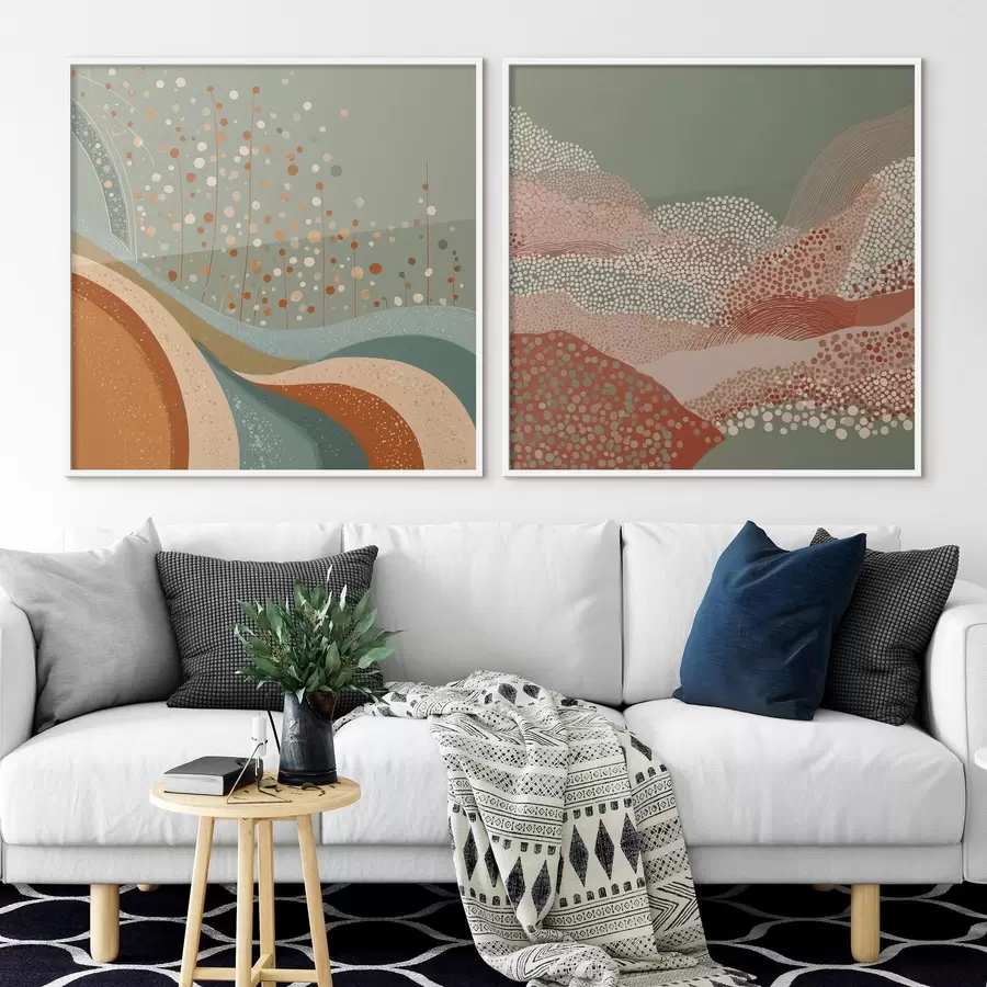 Fototapeta Dwuczęściowy abstrakcyjny pejzaż z kropkowanymi i falistymi elementami d00987