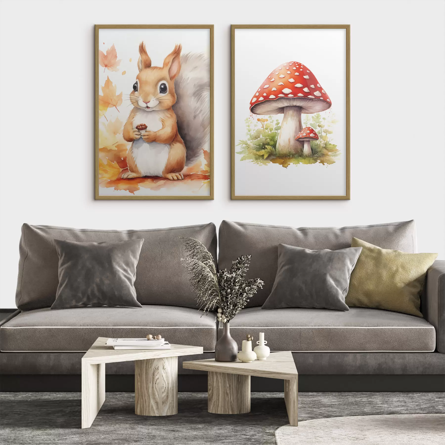 Fototapeta Wiewiórka i grzyb leśny, muchomor, imitacja akwareli d01049