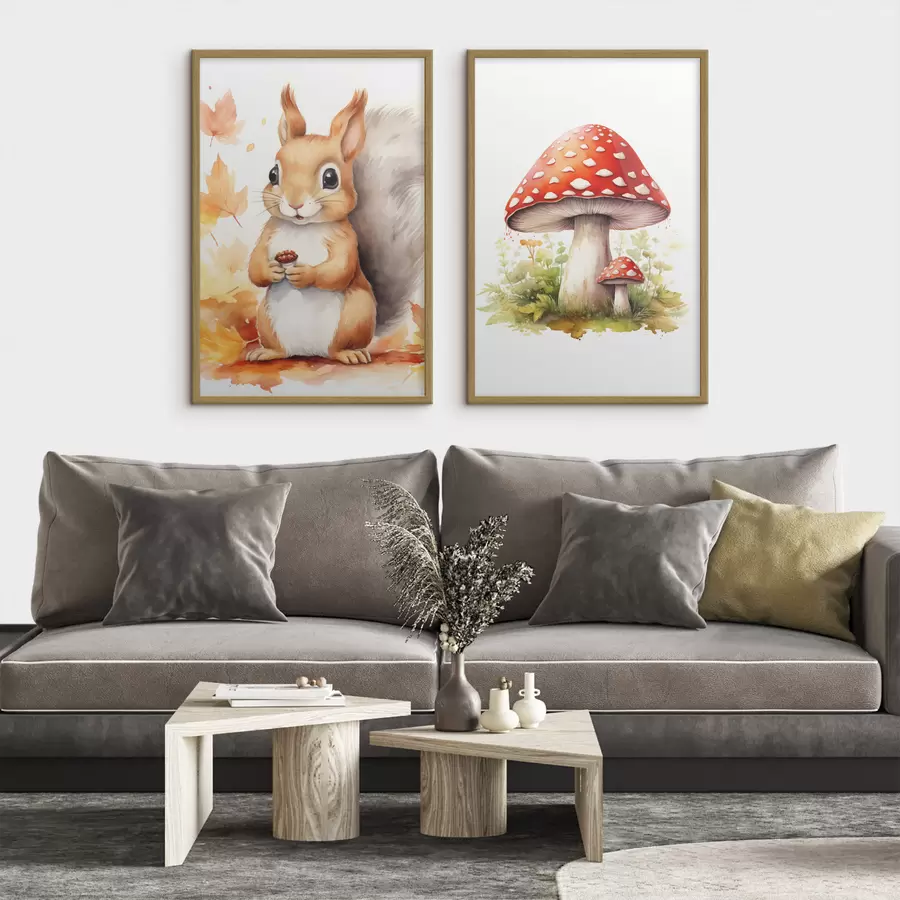 Fototapeta Wiewiórka i grzyb leśny, muchomor, imitacja akwareli d01049
