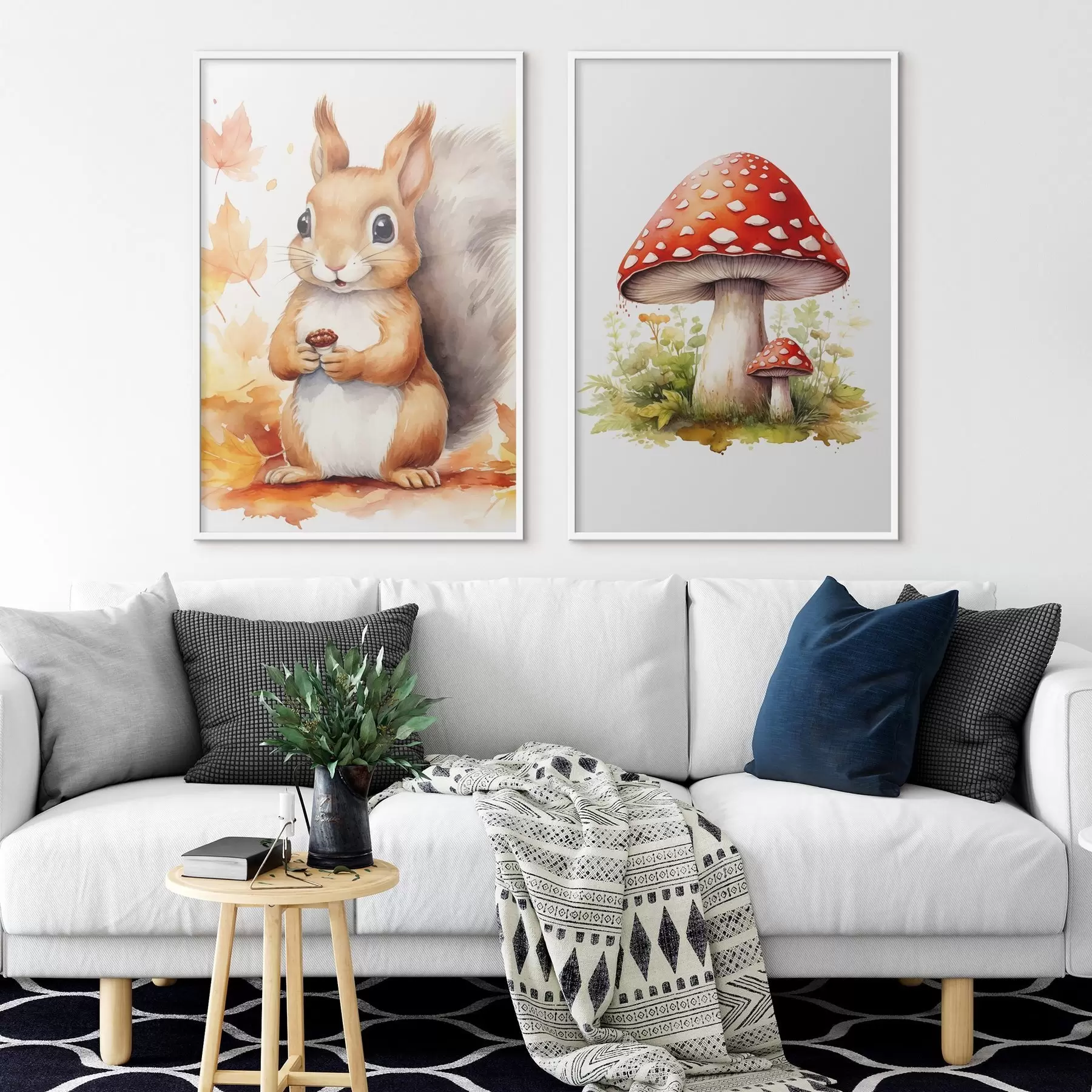 Fototapeta Wiewiórka i grzyb leśny, muchomor, imitacja akwareli d01049