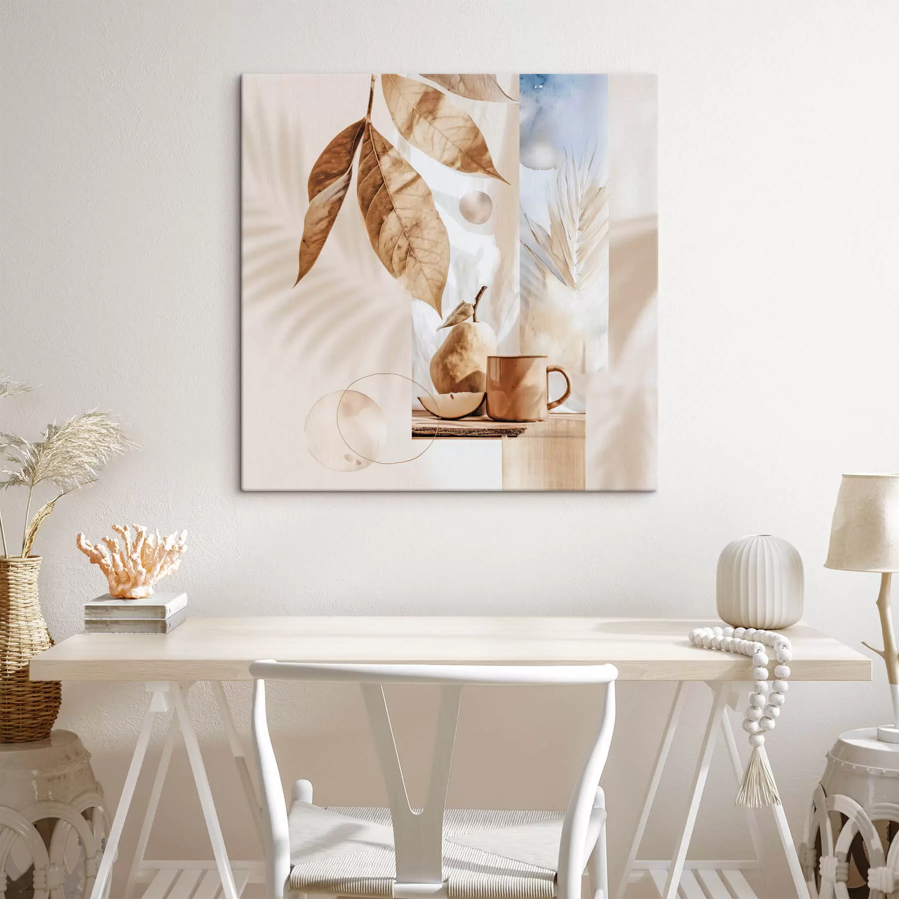 Obraz Abstrakcja z liśćmi, gruszką i filiżanką s47047