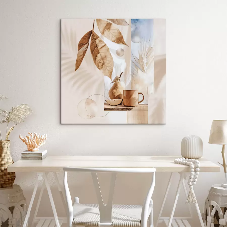 Obraz Abstrakcja z liśćmi, gruszką i filiżanką s47047