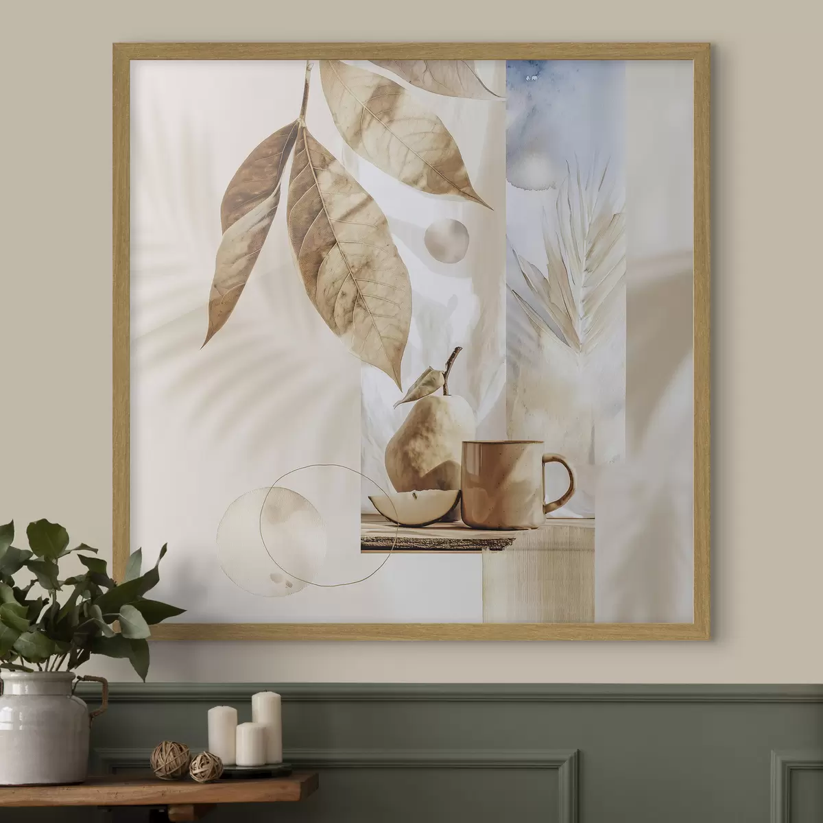 Plakat Abstrakcja z liśćmi, gruszką i filiżanką f47047