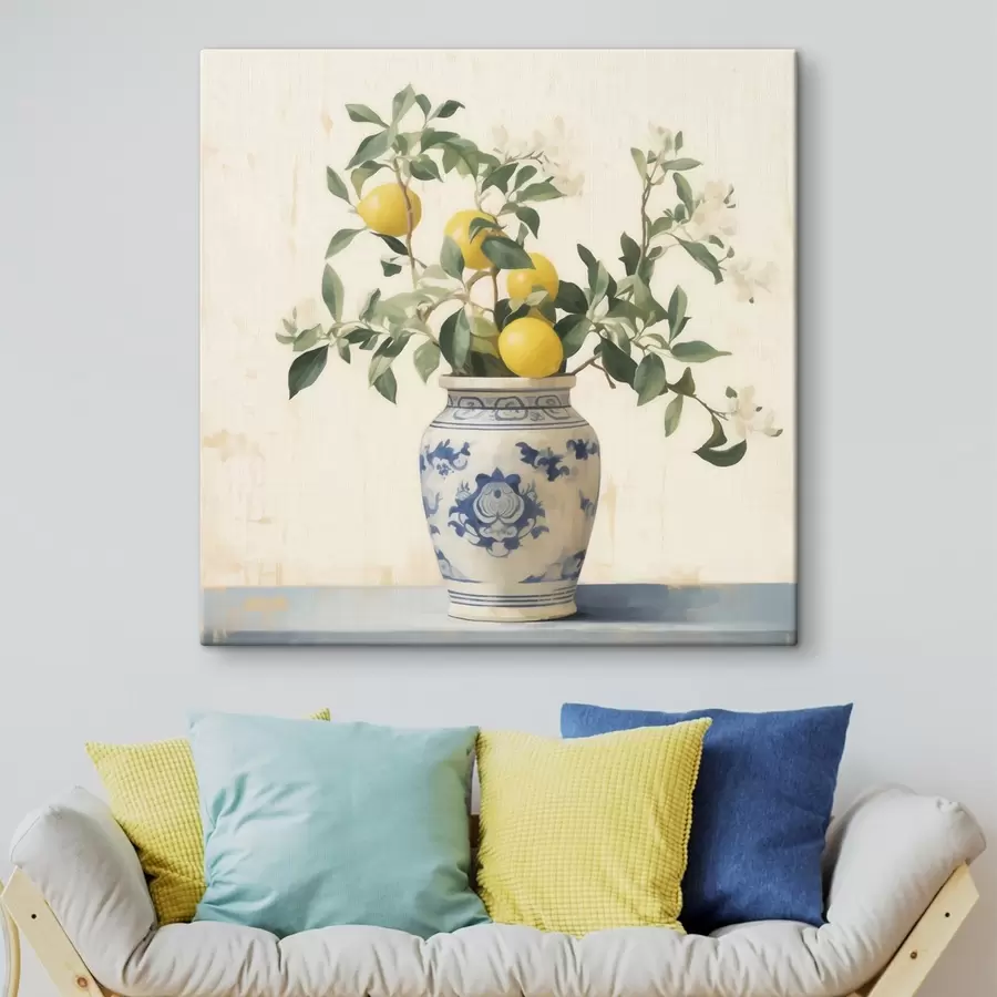 Obraz Cytryny w niebiesko-białym ceramicznym wazonie w stylu obrazu olejnego s46924