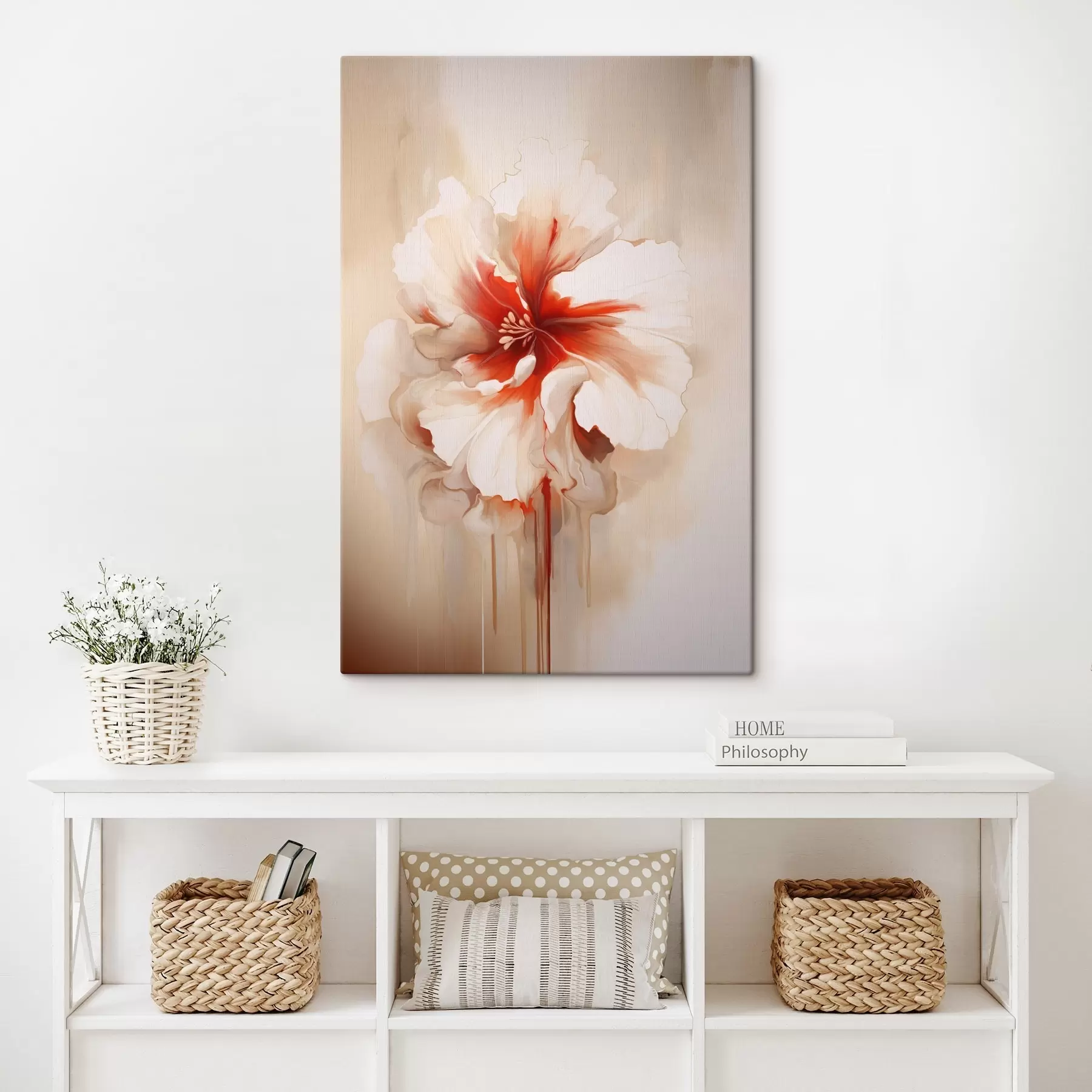 Obraz Biały i czerwony kwiat z półprzezroczystymi płatkami i płynącymi kroplami farby s46940