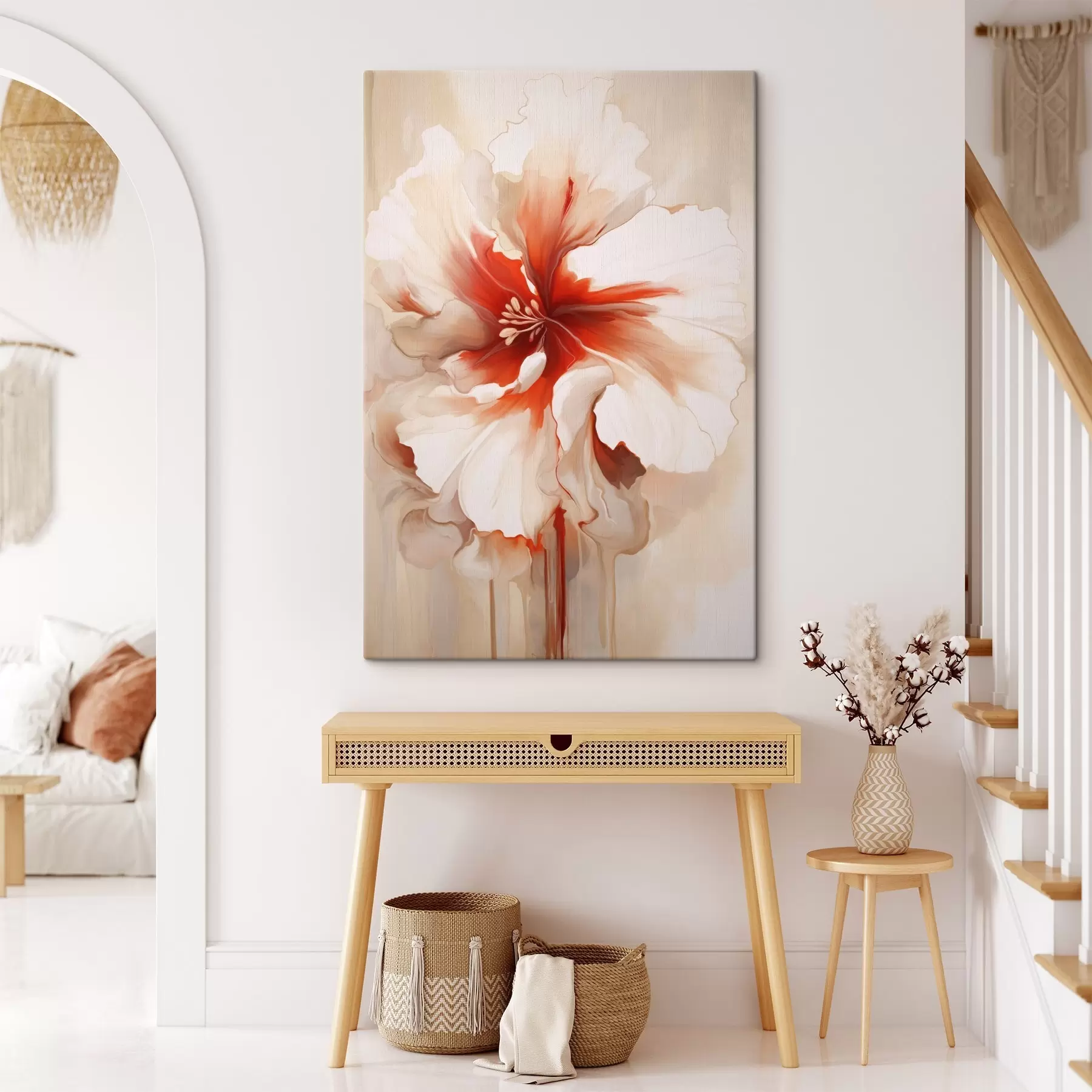 Obraz Zbliżenie na biało-czerwony kwiat z półprzezroczystymi płatkami i spływającymi kroplami farby s46941