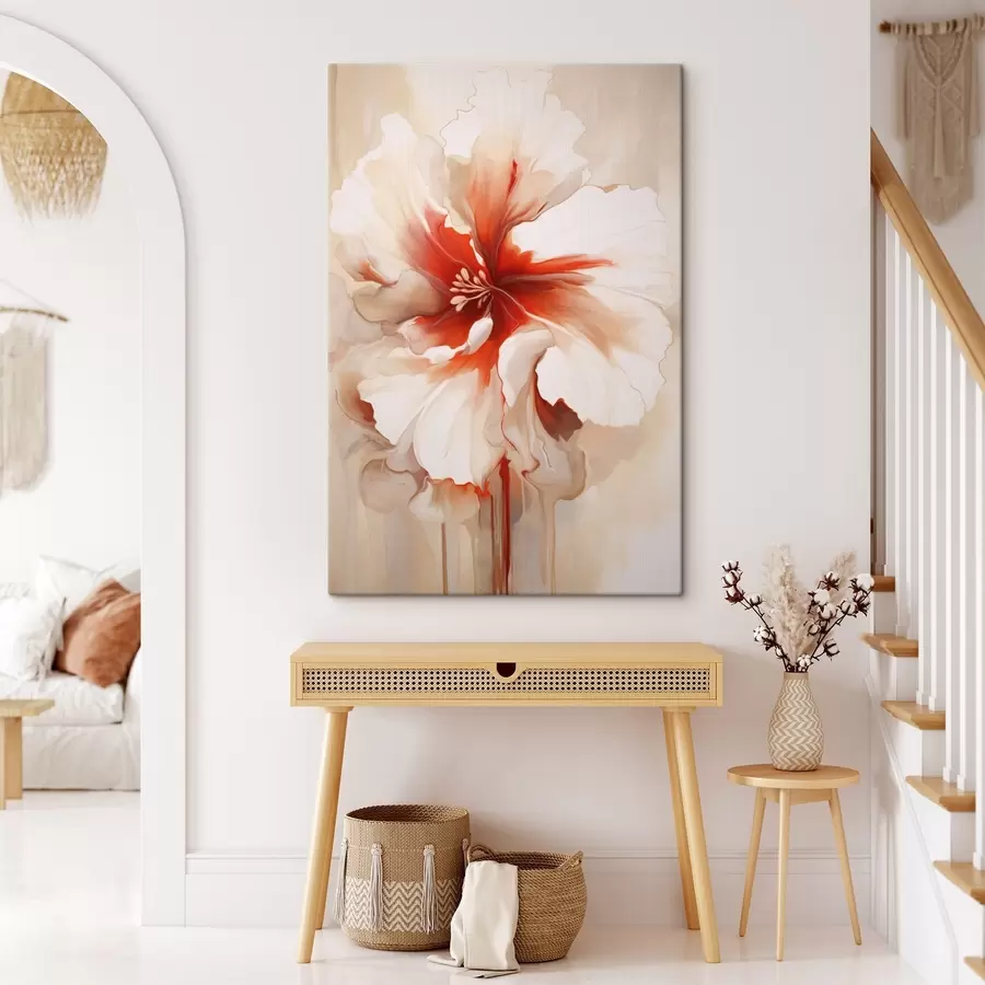 Obraz Zbliżenie na biało-czerwony kwiat z półprzezroczystymi płatkami i spływającymi kroplami farby s46941