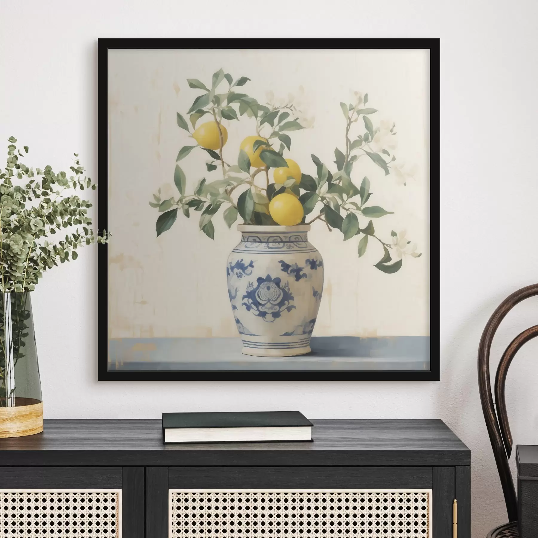 Fototapeta Cytryny w niebiesko-białym ceramicznym wazonie w stylu obrazu olejnego f46924