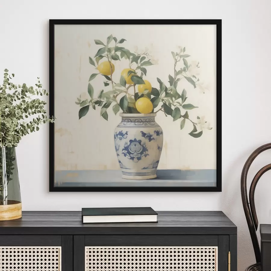 Fototapeta Cytryny w niebiesko-białym ceramicznym wazonie w stylu obrazu olejnego f46924