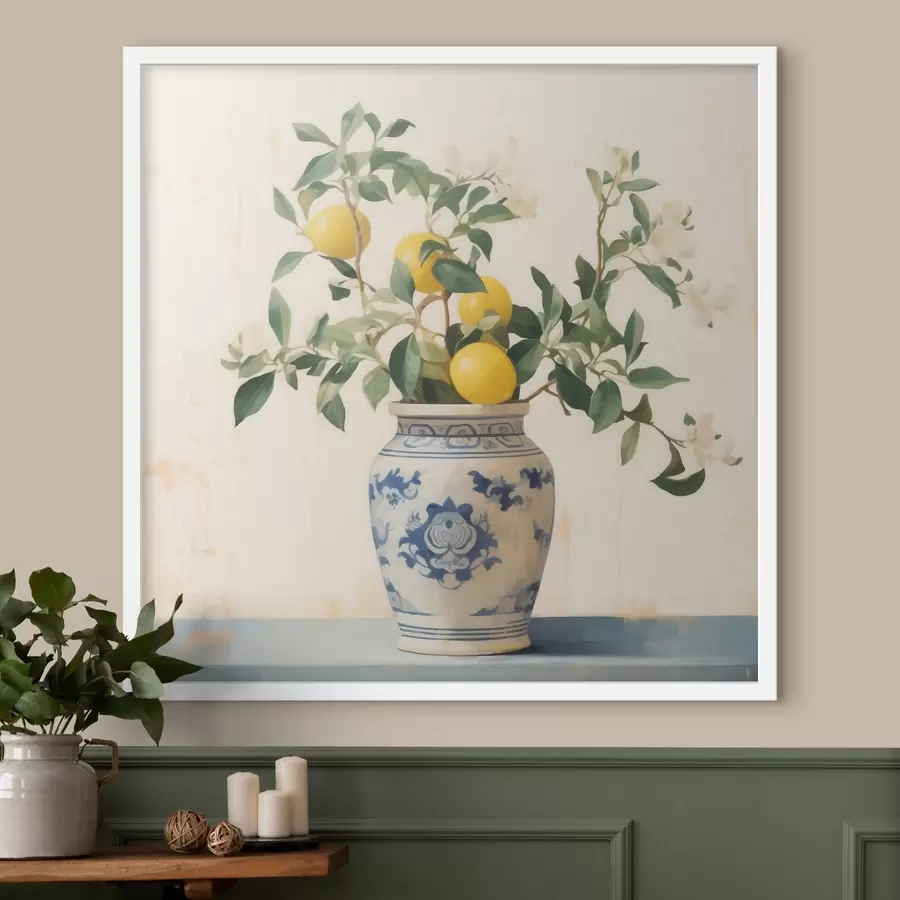 Fototapeta Cytryny w niebiesko-białym ceramicznym wazonie w stylu obrazu olejnego f46924