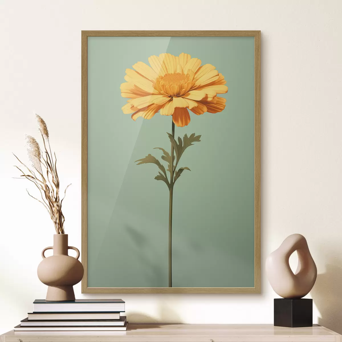 Plakat Żółty nagietek na miętowym tle w minimalistycznym stylu f46926
