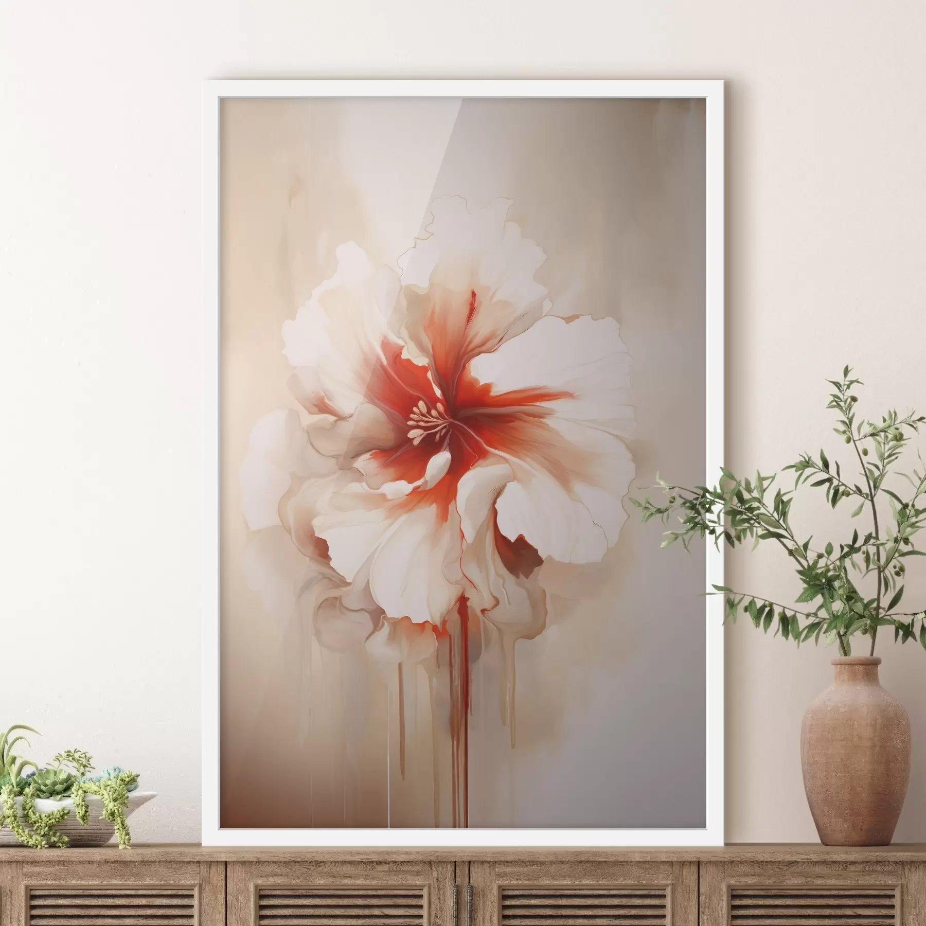 Fototapeta Biały i czerwony kwiat z półprzezroczystymi płatkami i płynącymi kroplami farby f46940