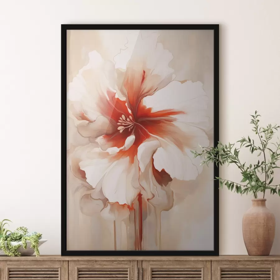 Fototapeta Zbliżenie na biało-czerwony kwiat z półprzezroczystymi płatkami i spływającymi kroplami farby f46941