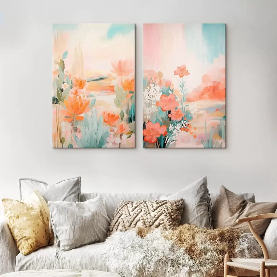 Obraz Motywy kwiatowe w pastelowych odcieniach na tle lekko zamglonej doliny m01085