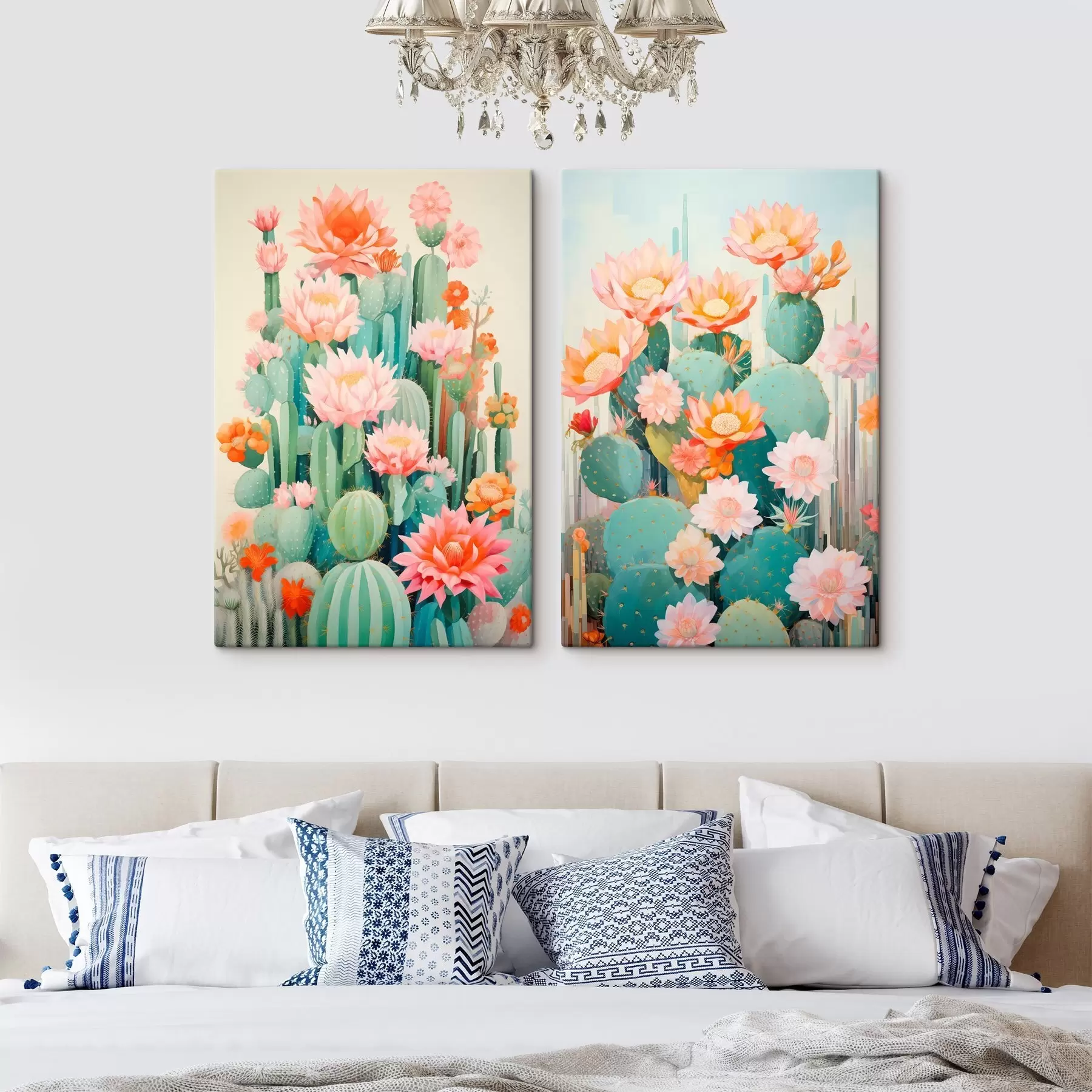 Obraz Kaktusy o dużych kwiatach, pastelowa paleta barw i poczucie spokoju m01086