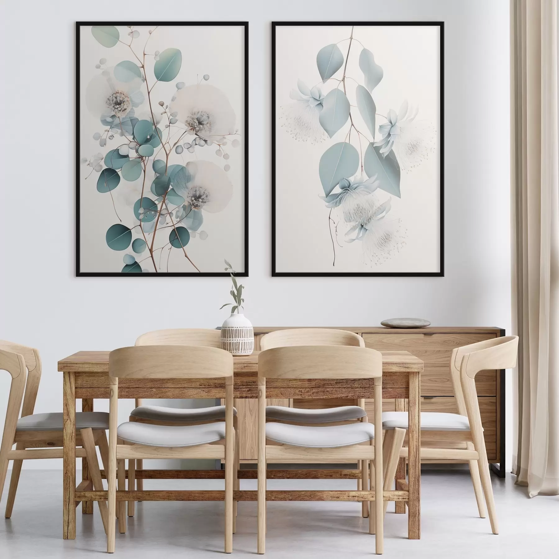 Fototapeta Gałąź eukaliptusa z niebieskimi liśćmi i białymi kwiatami, jasne tło d00829