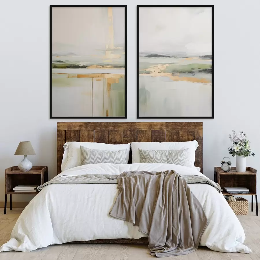 Fototapeta Abstrakcyjny pejzaż z żółtymi akcentami, minimalistyczna kompozycja ziemi, wody i nieba, w stonowanej kolorystyce d00877