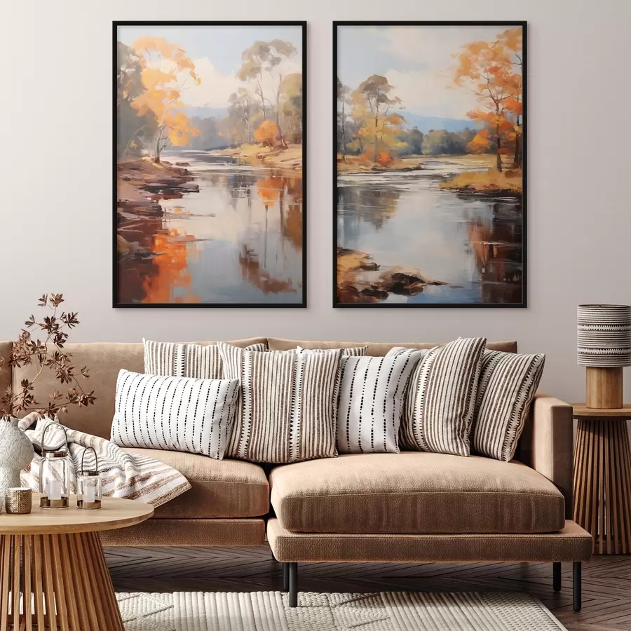 Fototapeta Jesienny krajobraz, rzeka z drzewami na brzegu, las w tle, odbicia na wodzie d00883