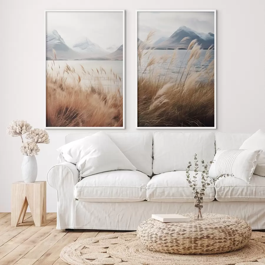 Fototapeta Trawa pampasowa z jeziorem i górami w tle, delikatne oświetlenie, stonowane kolory, styl naturalistyczny d00884