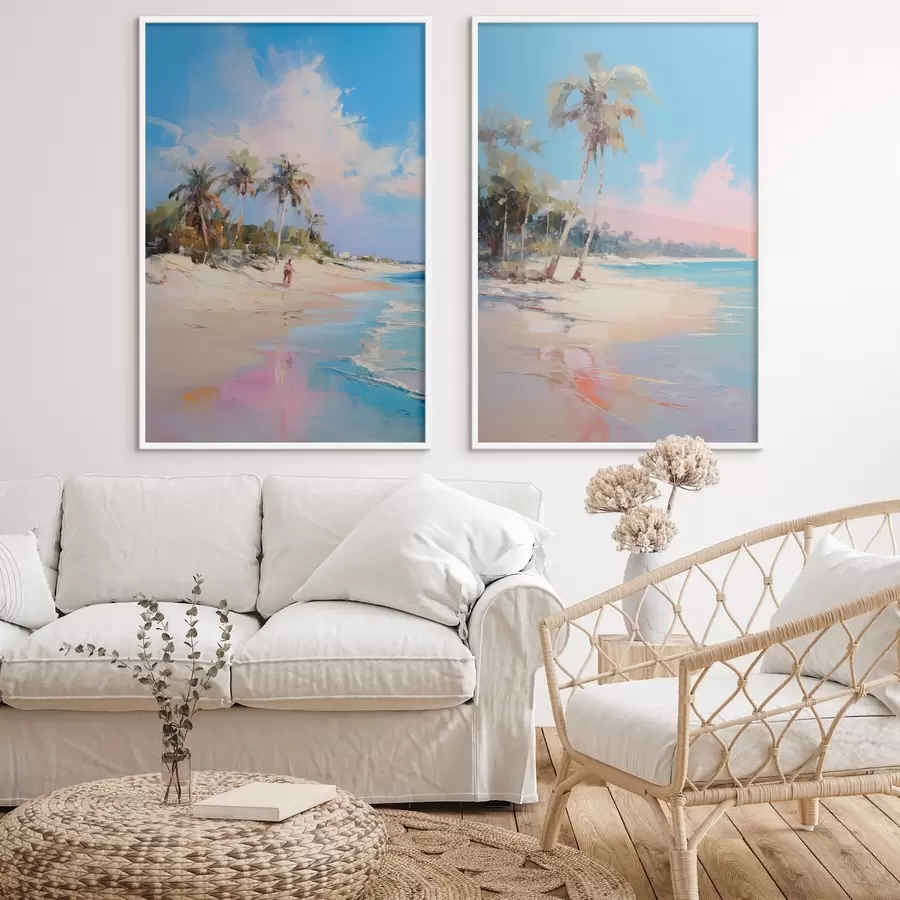 Fototapeta Abstrakcyjny krajobraz, plaża z palmami, jasny, słoneczny dzień z błękitnym niebem i kilkoma chmurami d00885