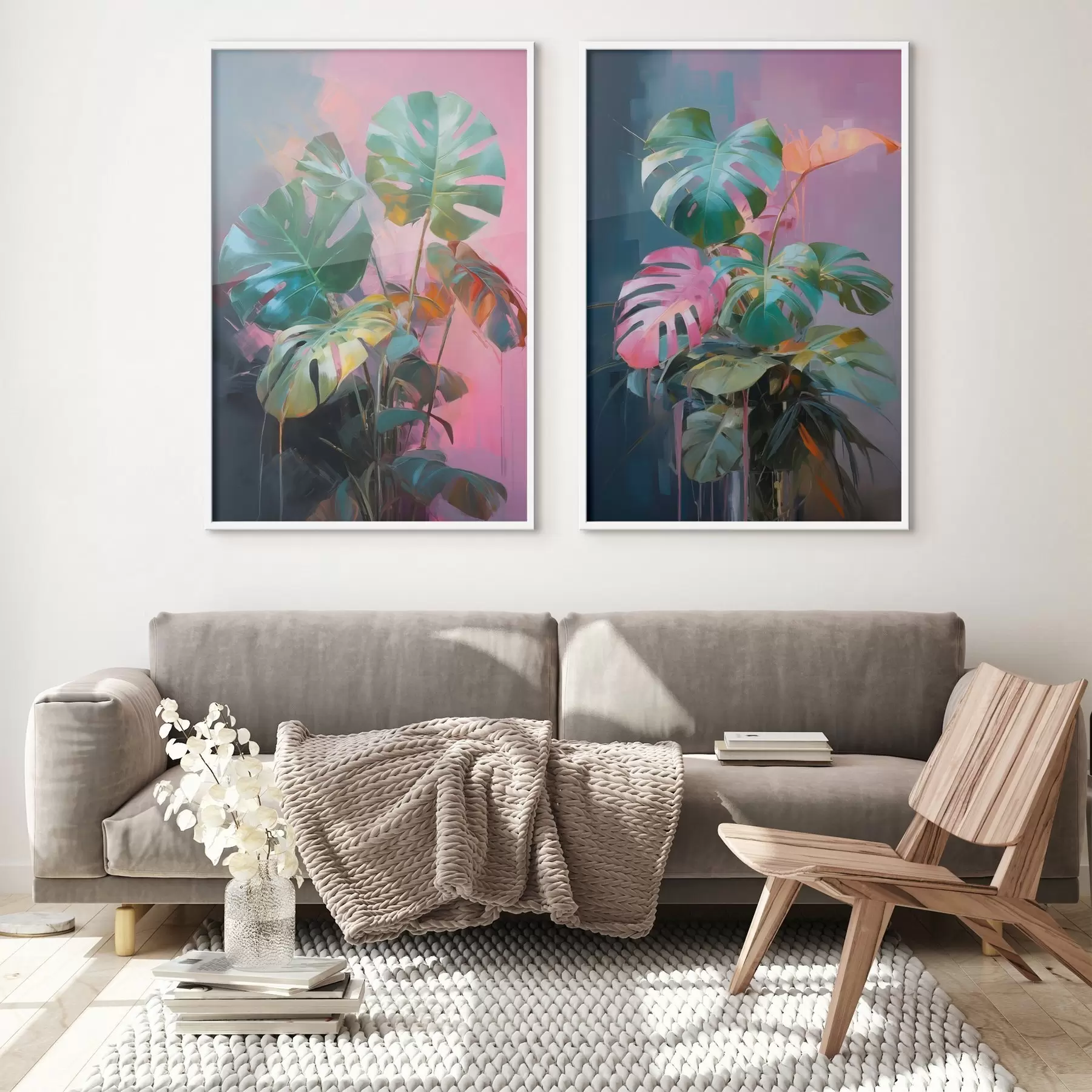 Fototapeta Abstrakcyjna roślina monstera o intensywnie zielonych liściach na tle delikatnych odcieni różu i fioletu d00886