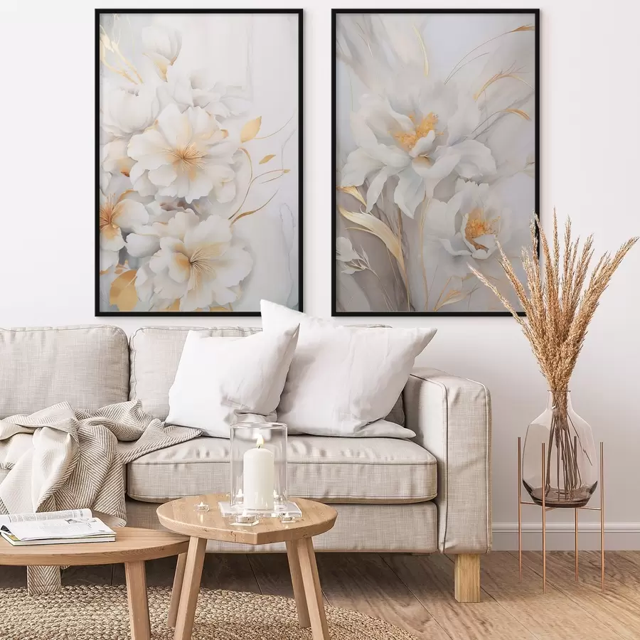 Fototapeta Białe kwiaty z żółtymi detalami, płatki z delikatnymi cieniami, jasne tło z subtelnym efektem marmuru d00889