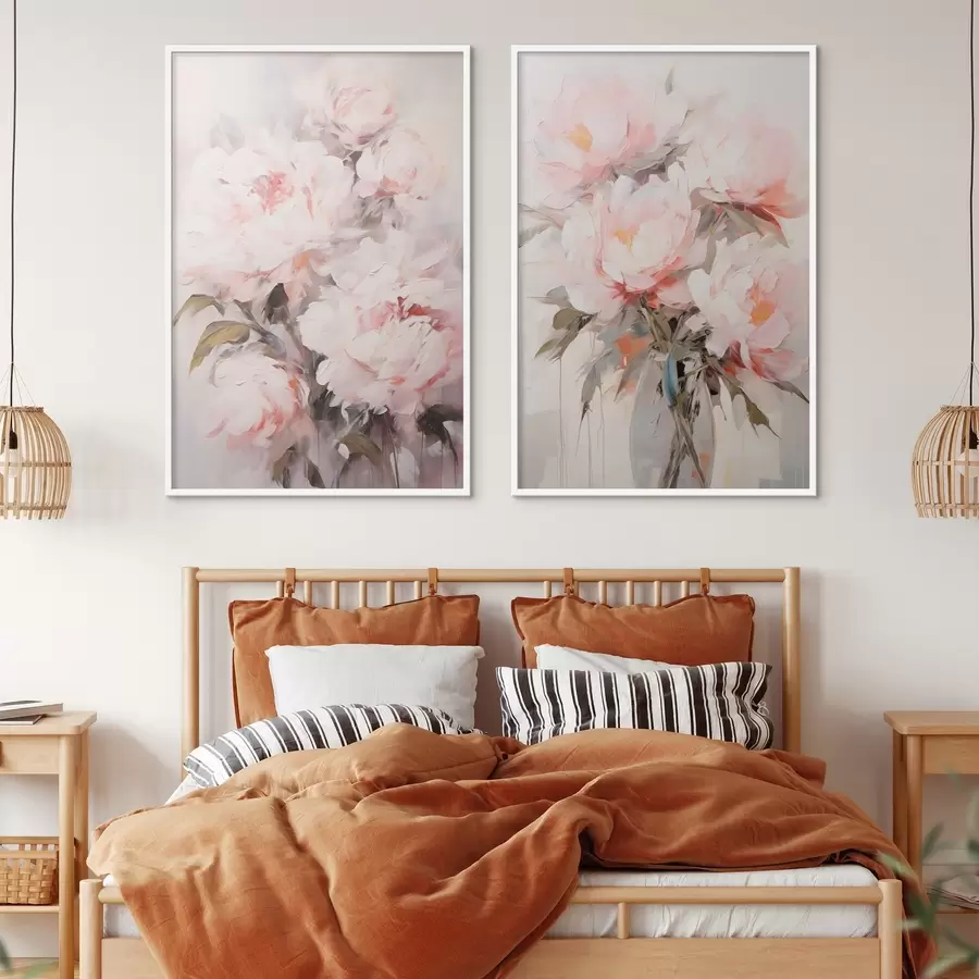 Fototapeta Bukiet jasnoróżowych piwonii z zielonymi liśćmi, delikatne pociągnięcia pędzla, pastelowe kolory, na jasnym tle d00890