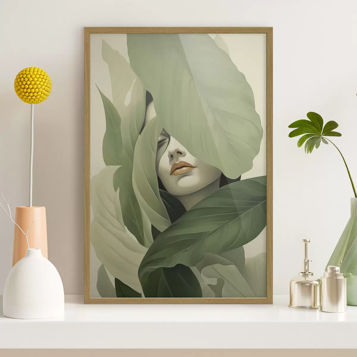 Plakat Surrealistyczny portret dziewczyny wśród liści f47332