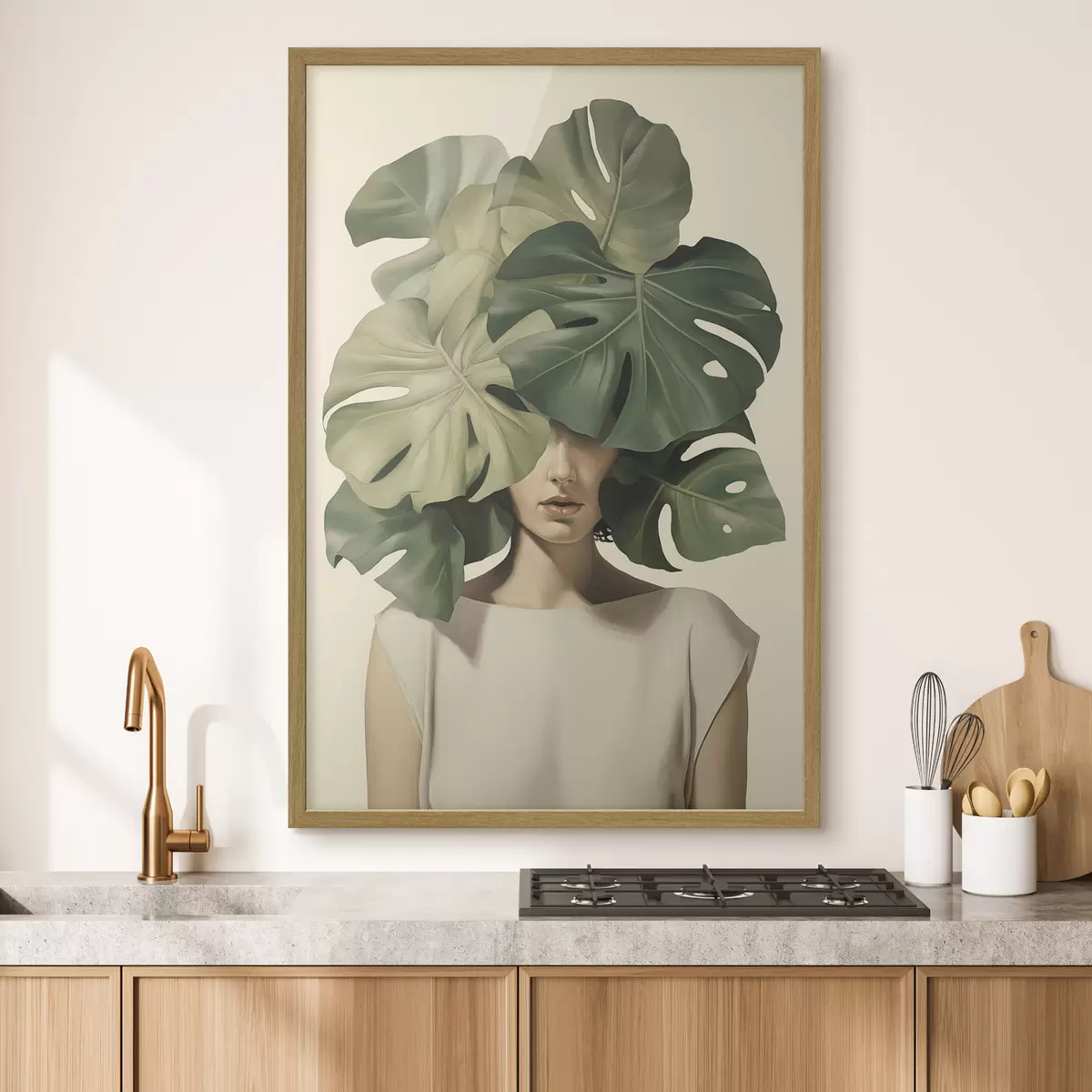 Plakat Abstrakcyjny portret dziewczyny z liśćmi monstery f47336