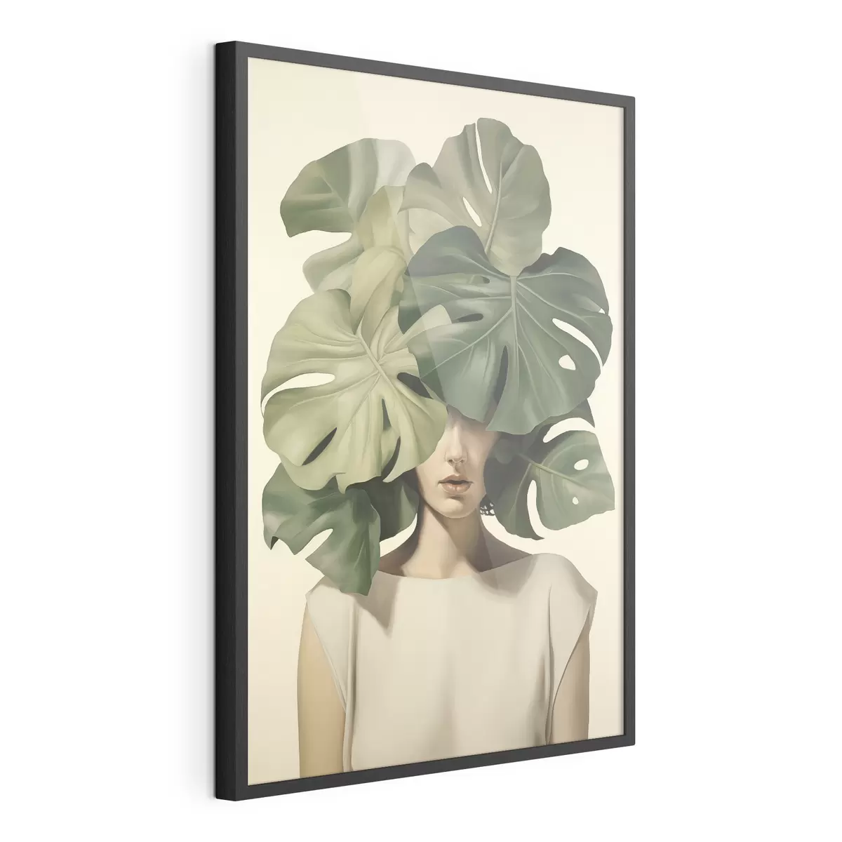 Plakat Abstrakcyjny portret dziewczyny z liśćmi monstery f47336
