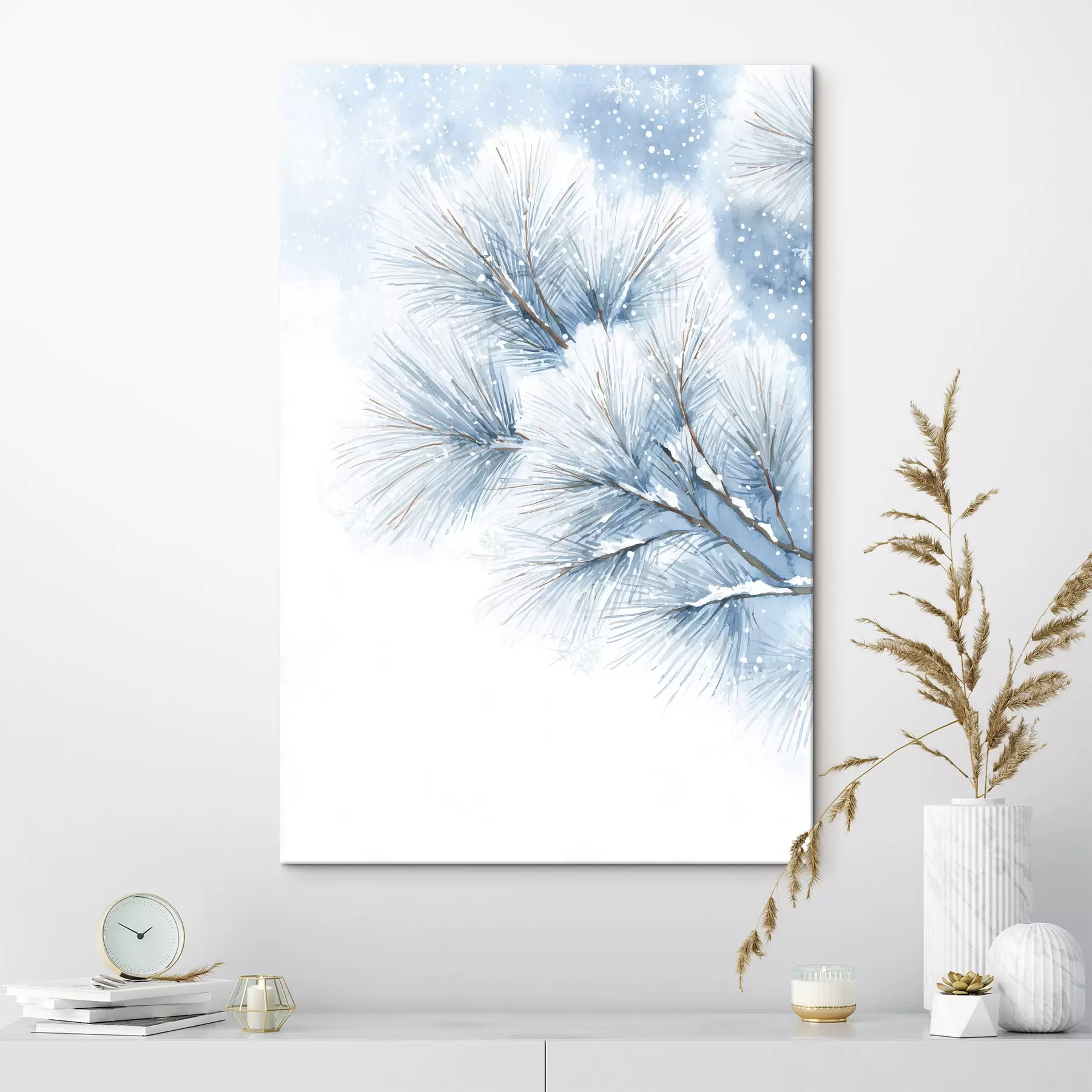 Obraz pokryta śniegiem gałąź sosny w stylu akwareli s47114