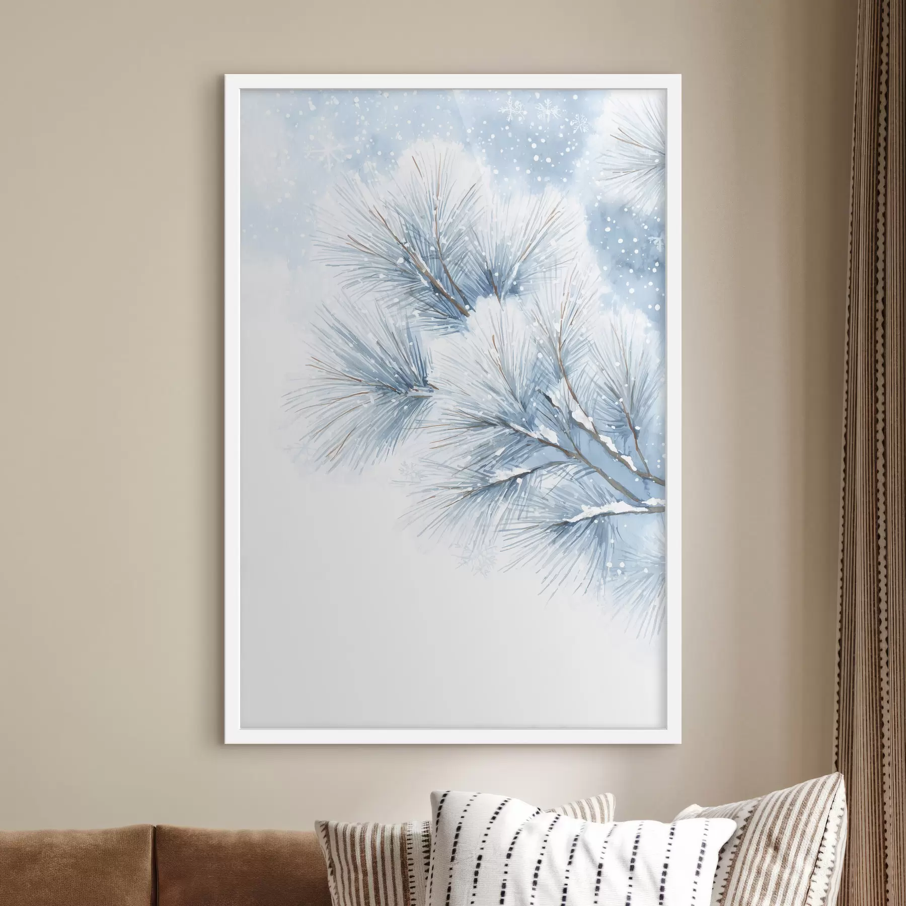 Fototapeta pokryta śniegiem gałąź sosny w stylu akwareli f47114