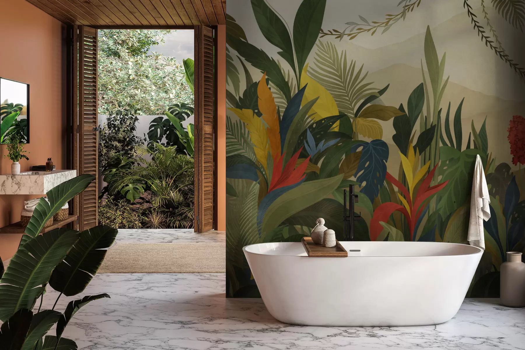 Fototapeta Tropikalna roślinność o dużych liściach i kwiatach w05019