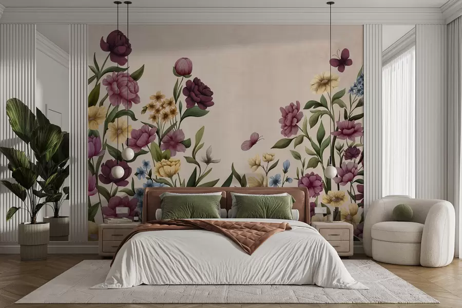 Fototapeta Kompozycja kwiatowa z roślinami i motylami na jasnym tle w05072