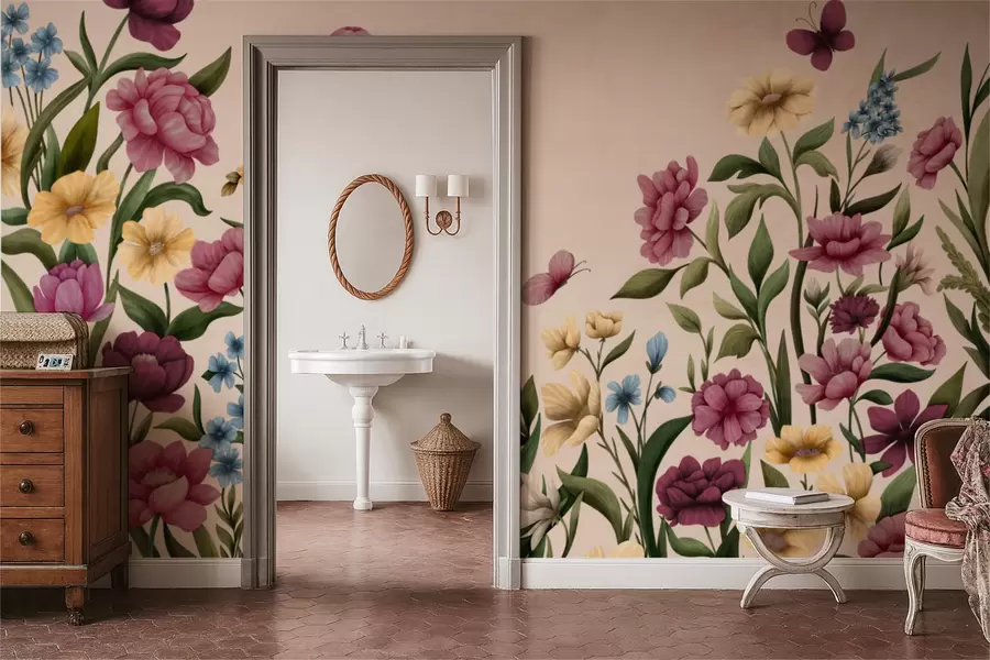 Fototapeta Kompozycja kwiatowa z roślinami i motylami na jasnym tle w05072