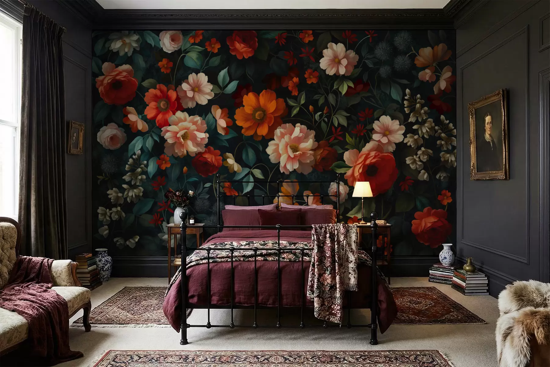 Fototapeta Ciemny kwiatowy wzór z bujnymi kwiatami ogrodowymi w05087