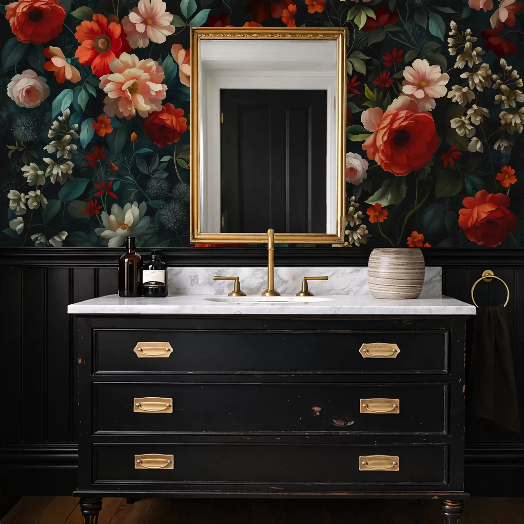 Fototapeta Ciemny kwiatowy wzór z bujnymi kwiatami ogrodowymi w05087