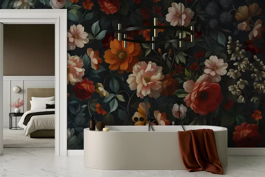 Fototapeta Ciemny kwiatowy wzór z bujnymi kwiatami ogrodowymi w05087