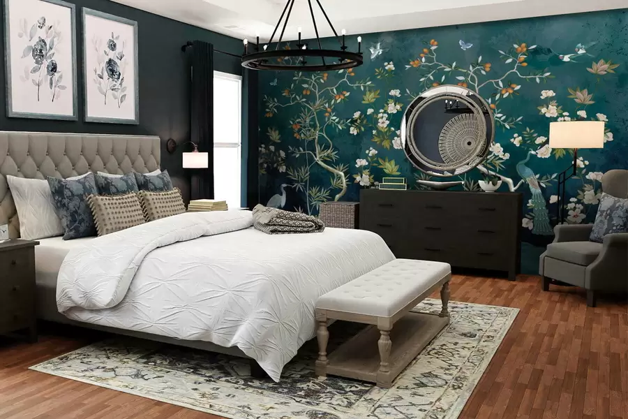 Fototapeta Ozdobna scena z drzewami, kwiatami i ptakami na ciemnym tle w05004