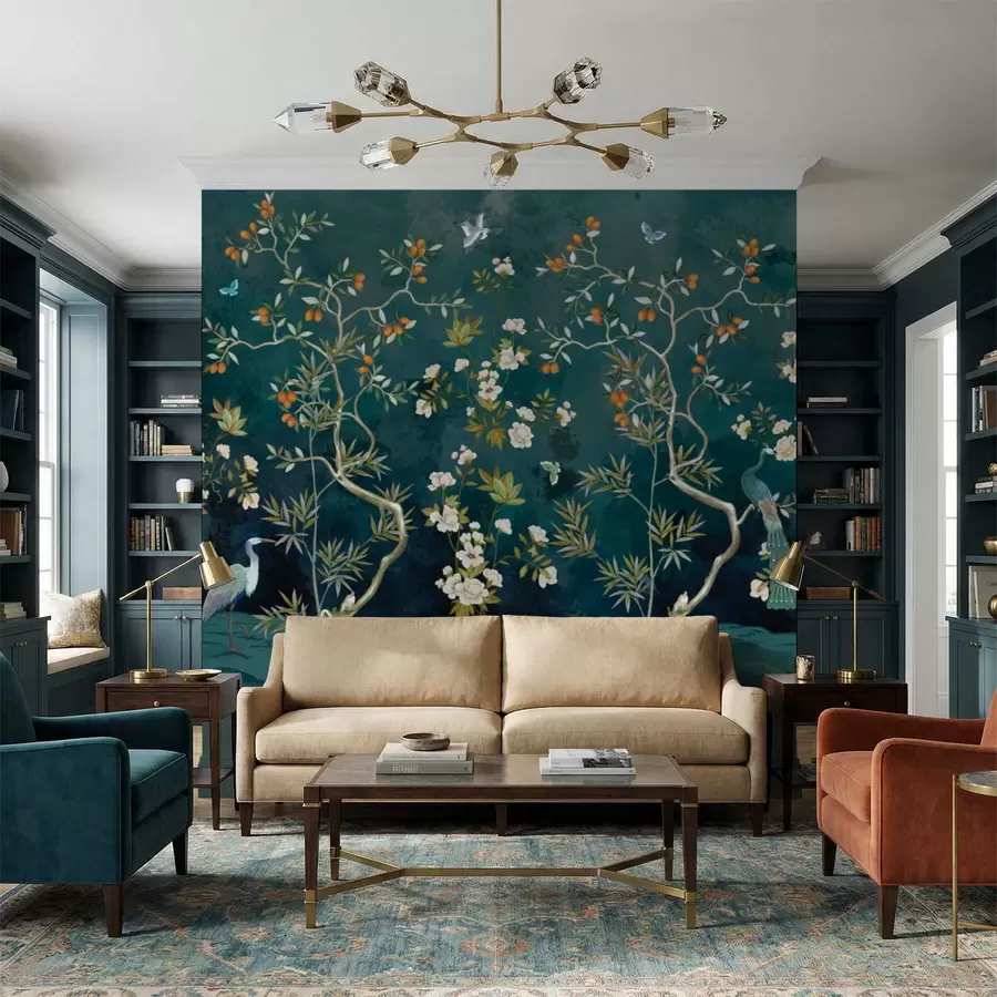 Fototapeta Ozdobna scena z drzewami, kwiatami i ptakami na ciemnym tle w05004