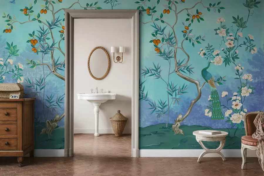 Fototapeta Scena z drzewami, kwiatami i ptakami, niebieskie tło w05004v2