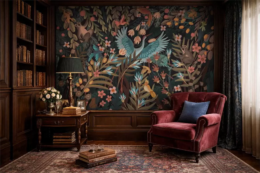 Fototapeta Fantastyczna scena z ptakami i zwierzętami wśród roślin w05024