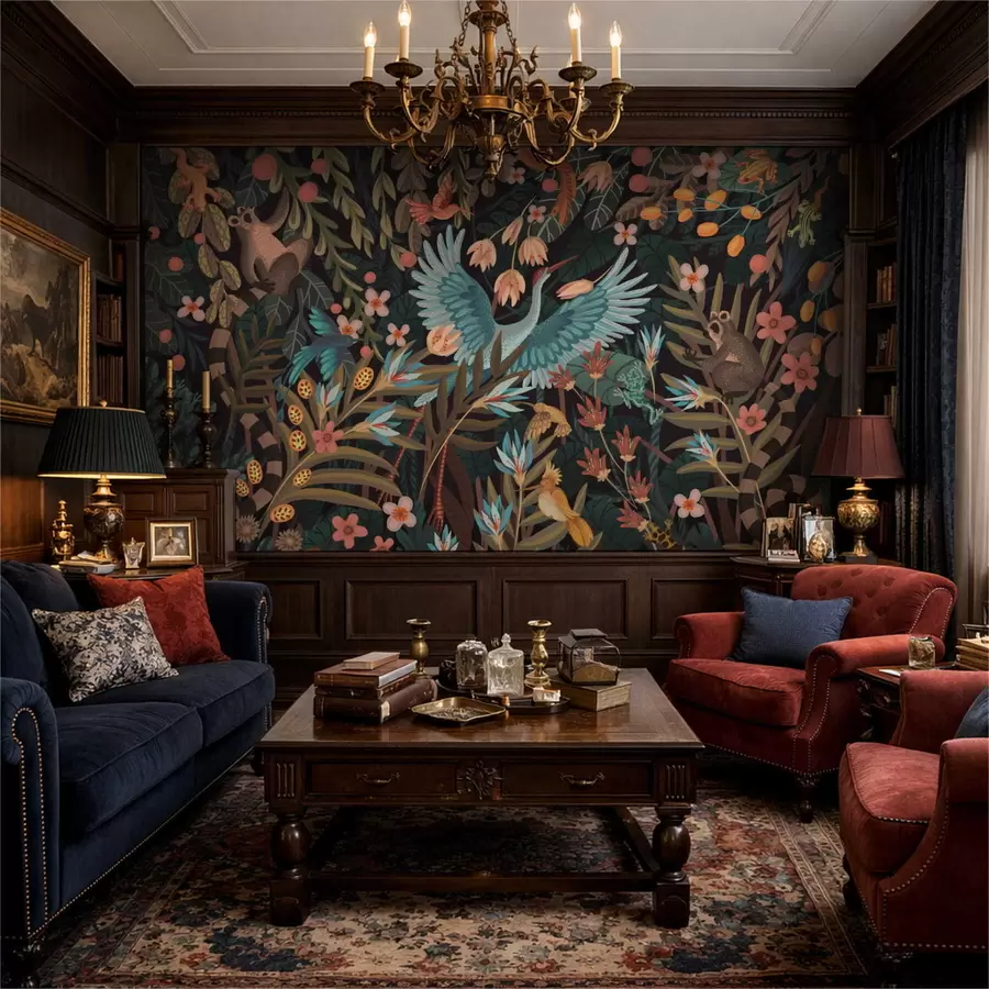 Fototapeta Fantastyczna scena z ptakami i zwierzętami wśród roślin w05024