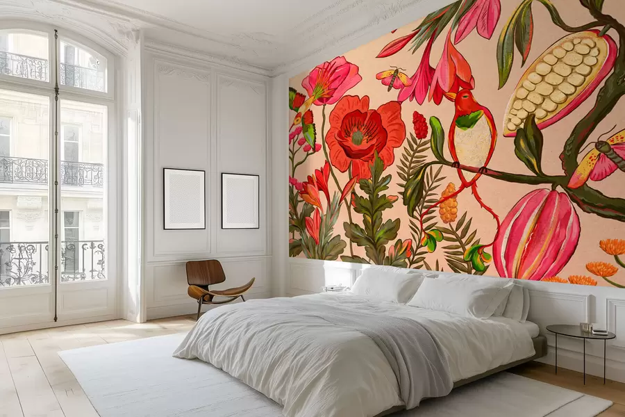 Fototapeta Ozdobne kwiaty i ptaki na beżowym tle w05036