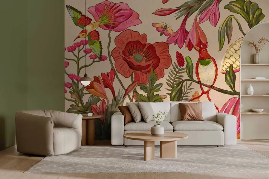 Fototapeta Ozdobne kwiaty i ptaki na niebieskim tle w05036