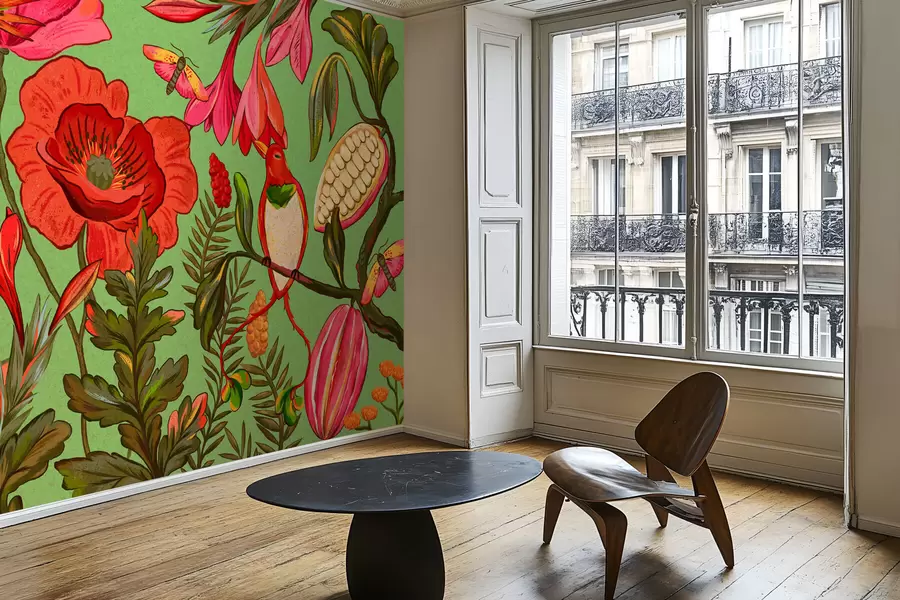 Fototapeta Ozdobne kwiaty i ptaki na zielonym tle w05036v1