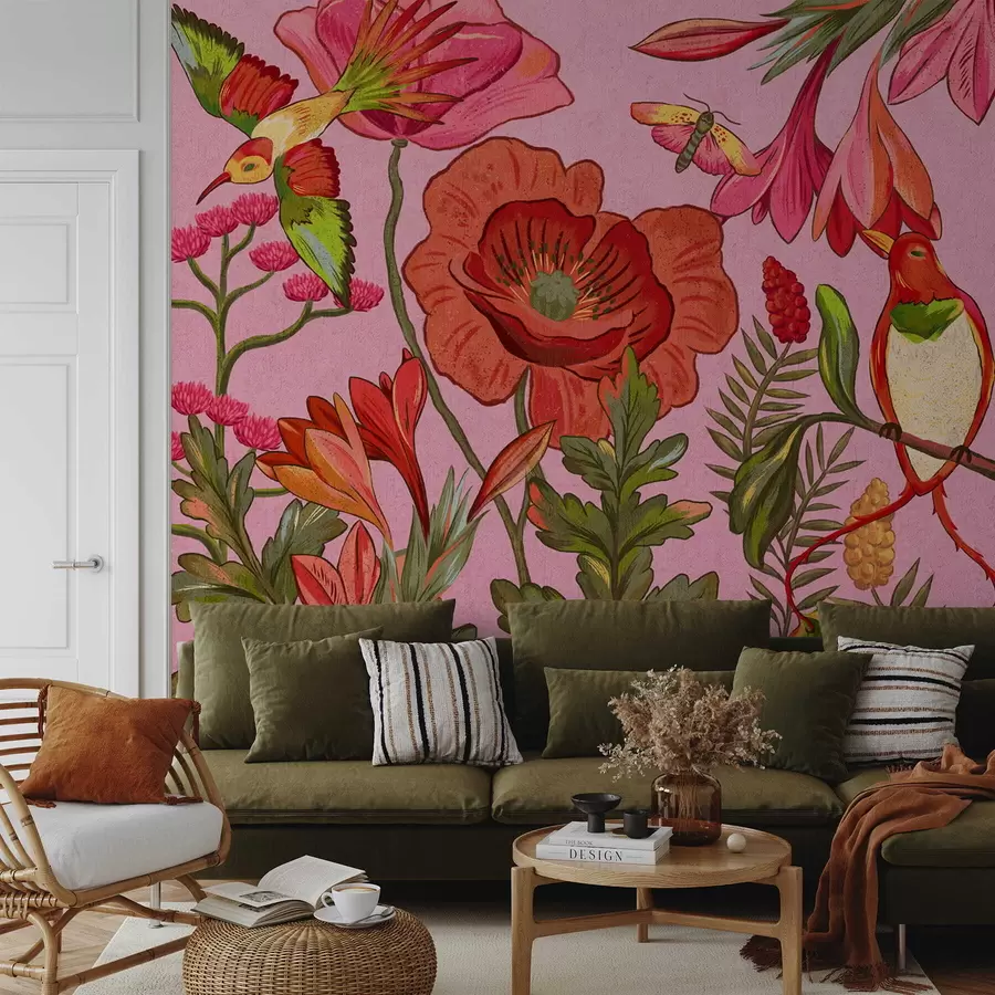 Fototapeta Ozdobne kwiaty i ptaki na różowym tle w05036v2