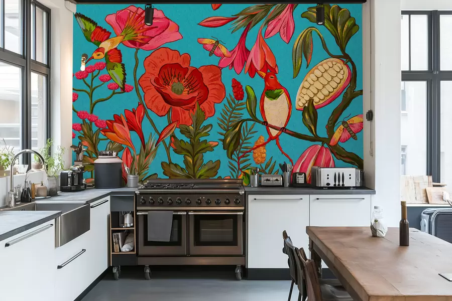 Fototapeta Ozdobne kwiaty i ptaki na niebieskim tle w05036v3