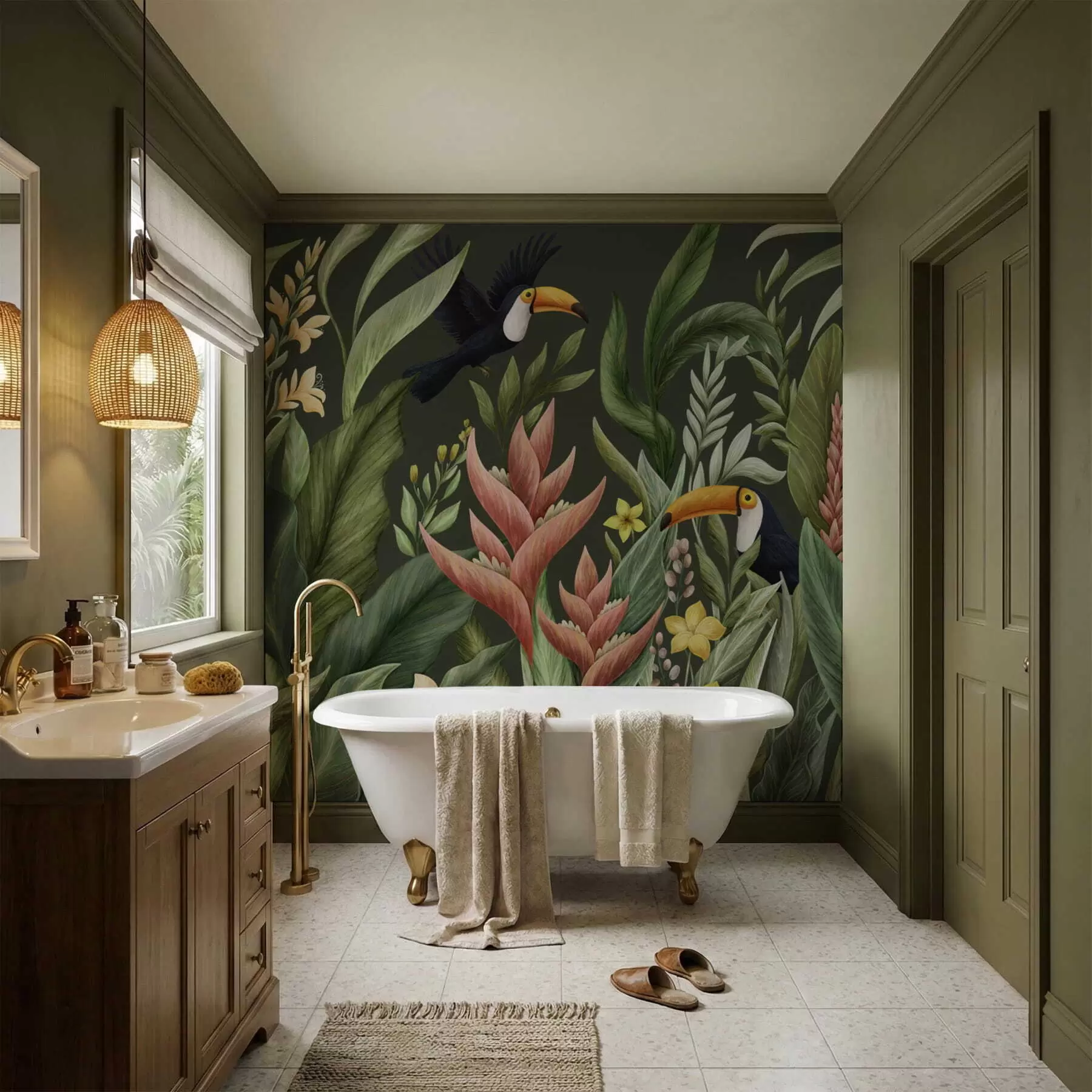 Fototapeta Rośliny tropikalne i ptaki z dużymi dziobami na jasnym tle w05088