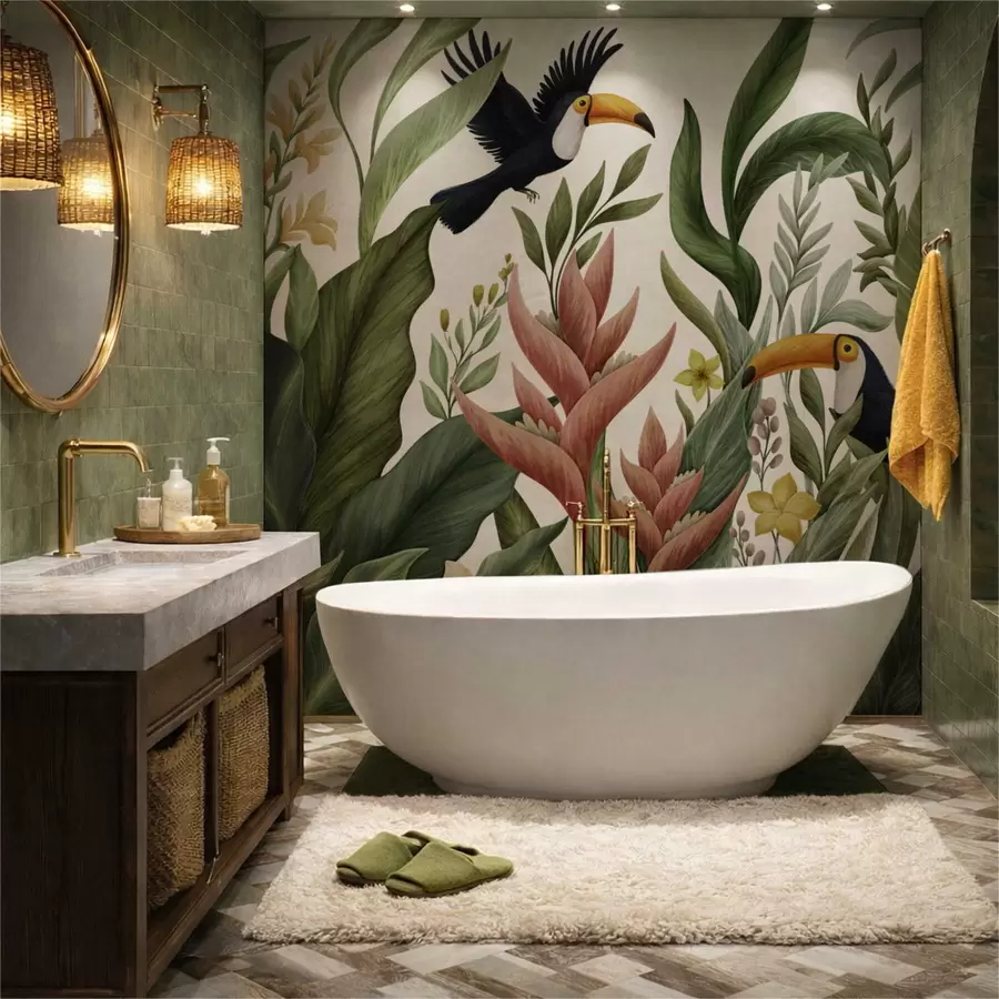 Fototapeta Tropikalna roślinność i ptaki z dużymi dziobami na ciemnym tle w05088v1